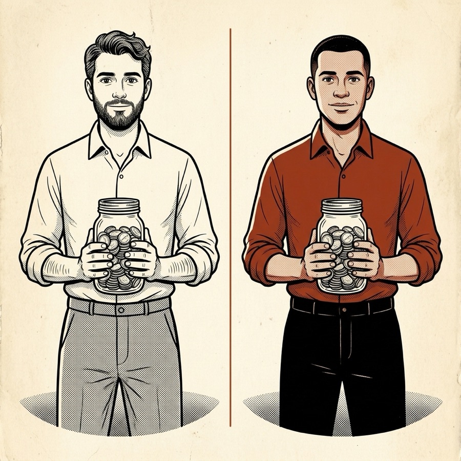Os dois colegas, cada um com um pote de moedas idêntico