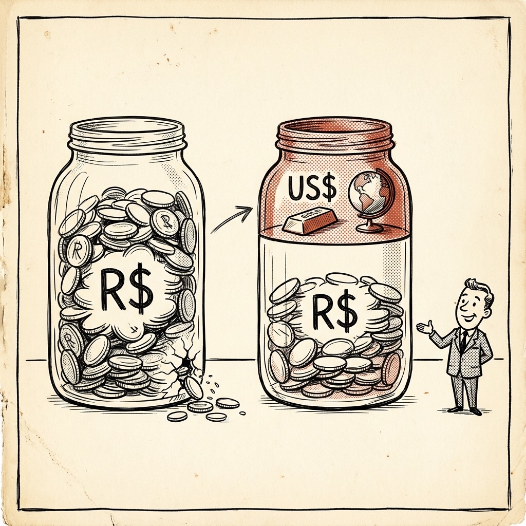 Dois potes: um só com reais e rachado no fundo, o outro com uma parte em dólar, ouro e ativos lá fora