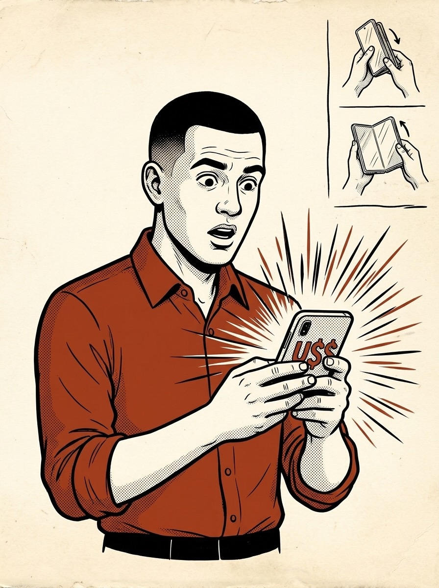 Homem surpreso olhando o celular com US$ na tela