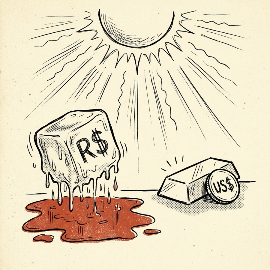 Cubo de gelo com R$ derretendo ao sol, ao lado de uma barra de ouro e uma moeda US$ intactas