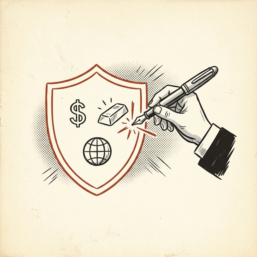 Escudo com dólar, ouro e globo bloqueando uma caneta