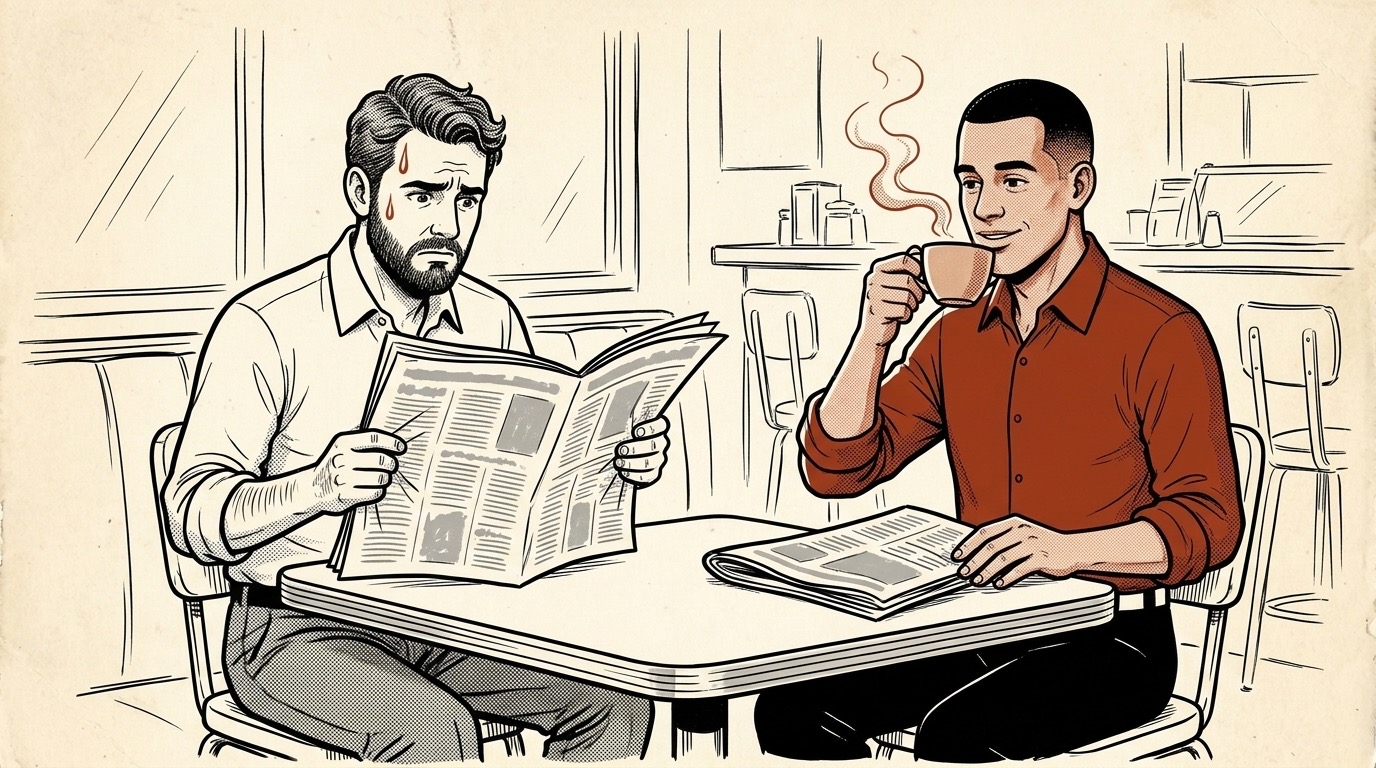 Os dois colegas com o jornal: um suando, o outro tomando café