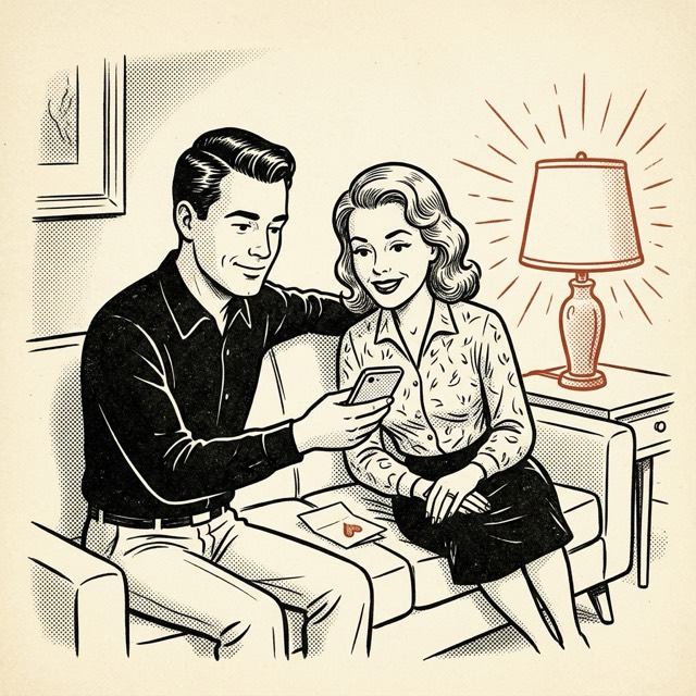 Casal no sofá olhando o celular